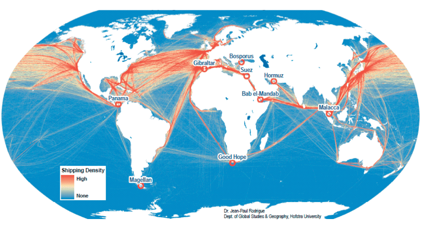 Hình ảnh bản đồ thế giới với các đường kết nối, biểu tượng tàu, máy bay, thể hiện mạng lưới vận tải