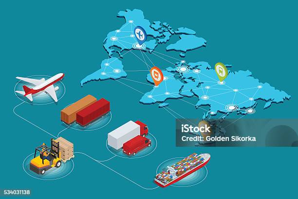 Bản đồ thế giới với các tuyến đường logistics và biểu tượng hợp tác